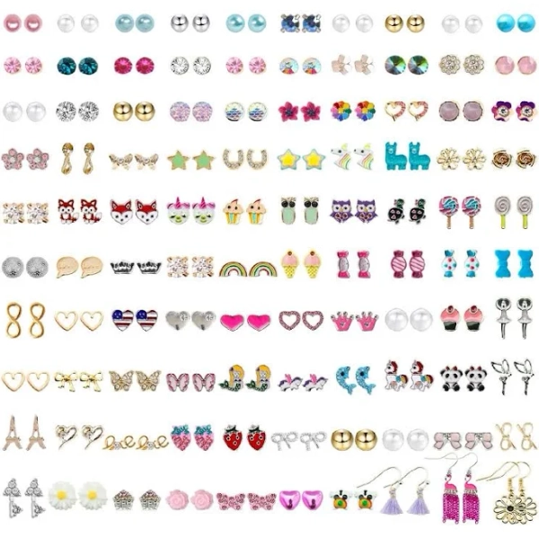 Newitin 100 Pairs Colorful Cute Earrings For Girls Sensitive Ears
