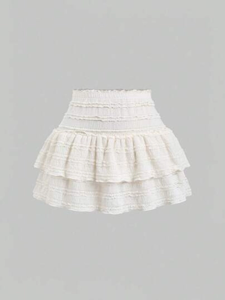 Sweetra Solid Color Ruffle Trim Number Print Double Layered Hem Skirt, Casual & Resort Y2K Outfit  Mini Short Women Outfit
