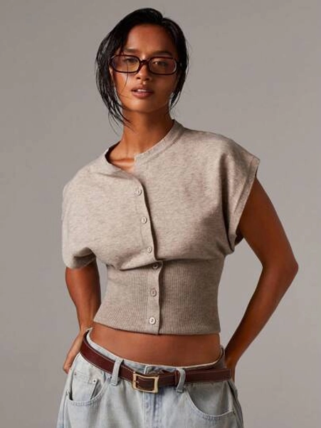 Athîral Women's Casual Minimalist Button-Front Batwing Sleeve Knit Sweater Vest, Everyday Wear,Four Seasons,Fall Tops,Business Casual Women Going Out Tops Women,Tops For School