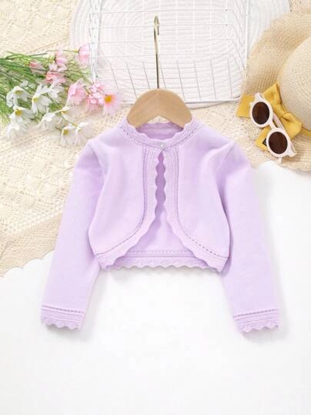 Elegant Hollow Lace Trim Knit Cardigan Shawl For Baby Girls, Great Gift For Infants, Autumn/Winter