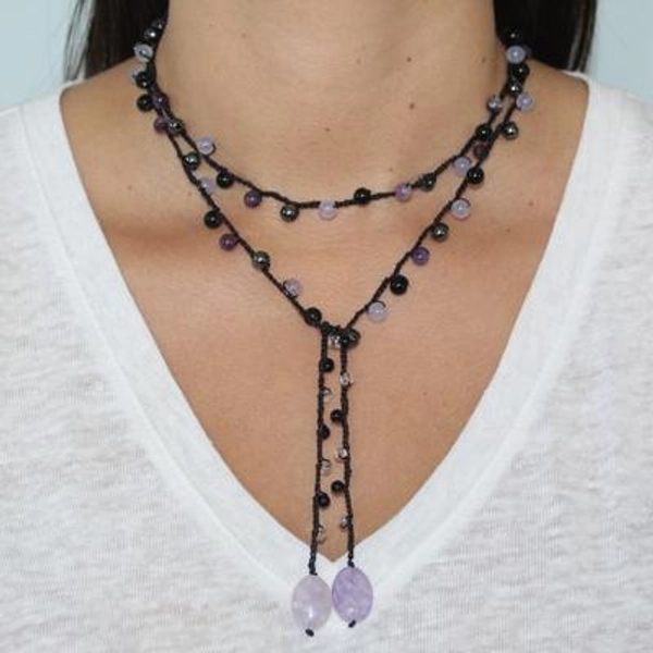 Purple Handmade Wrap Lariat-Style Beaded Crochet Gemstone Necklace