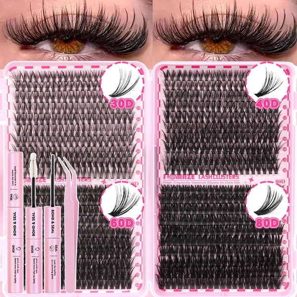 800pcs 30D40D60D80D Wispy Volume Eyelash Extensions Mega Lash Clusters Kit Mixed Length Natural/Cat-Eye/Volume Styles Volume Cluster Lashes Premade Lash Kit with Bond Seal & Applicator for Everyday Look, Party, Travel Romantic Valentine's Day Gift