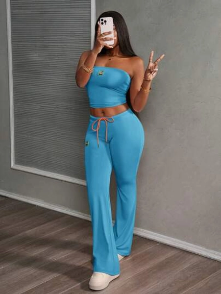 Slaydiva Casual Streetwear Cropped Tube Top & High Waist Skinny 2 Pieces Set, All Season