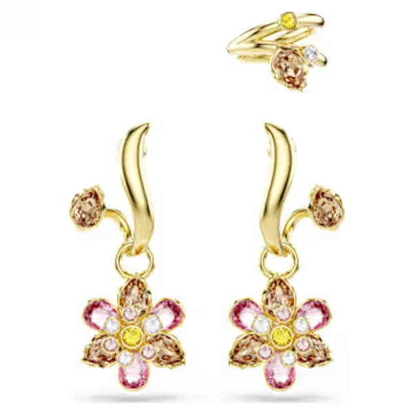 Idyllia earrings, Set (3), Mixed cuts, Flower, Multicolored, Gold-tone plated