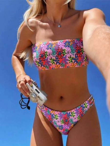 Swim Mod 2026 Spring/Summer Women's Halter Ditsy Floral Backless Sexy Vacation Side High Cut Bikini Swimsuit 2-Piece Set