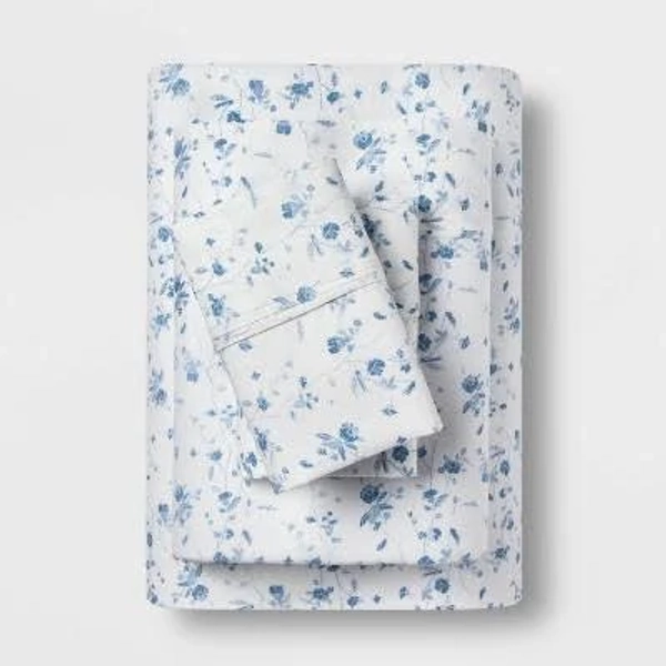 Full Printed Performance 400 Thread Count Sheet Set White/Blue Floral - Threshold : Cotton Sateen, Deep Pockets, OEKO-TEX Certified