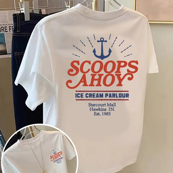 Women's Scoops Ahoy Ice Cream Print T-Shirt - White Short Sleeve Round Neck Casual Summer Beachwear Top with Scoops Ahoy, Medium-Stretch Breathable Fabric, Machine Washable -Line Fit for Scooter Riding & Casual Attire