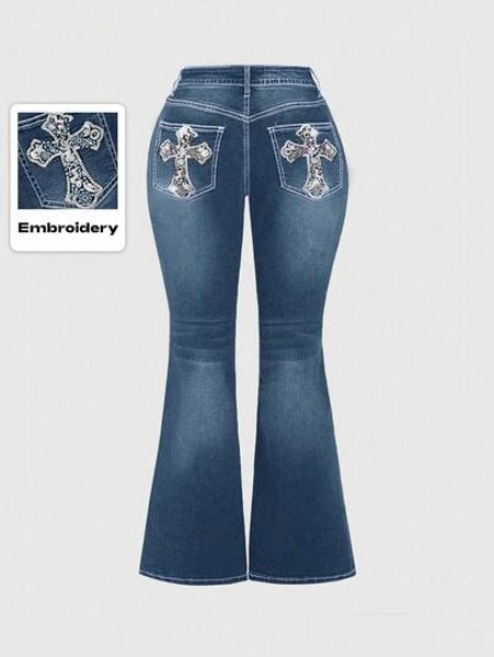 ROMWE Grunge Punk Plus Size Casual Washed Cross Embroidery Flare Jeans