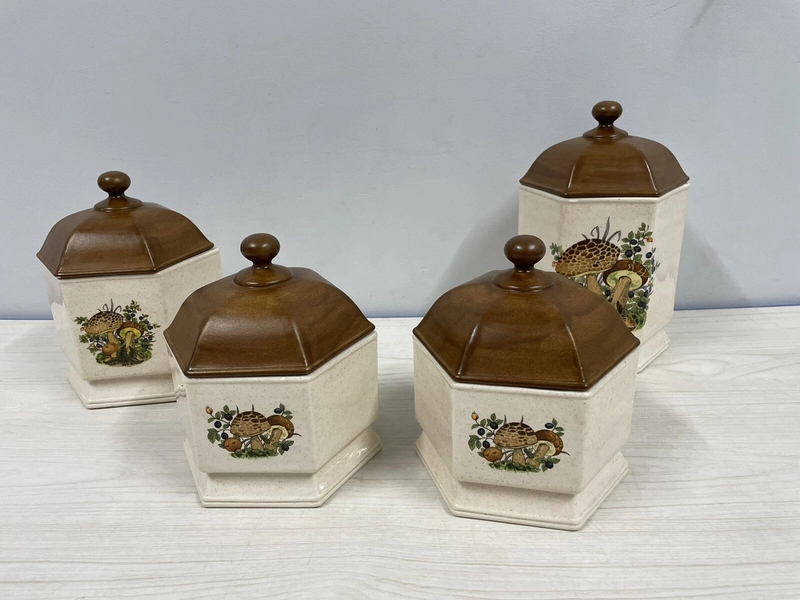 RARE Vintage 70’s Hexagon Ceramic Mushroom Kitchen Canister Set Signed on bottom