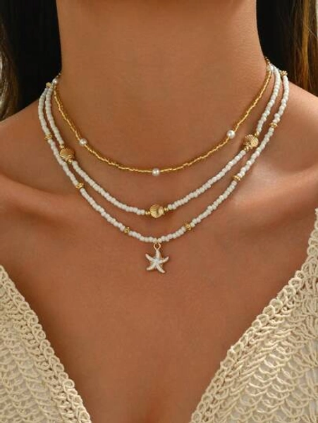 3pcs/Set Rice Bead Faux Pearl Linked Gold Starfish & Shell Necklace, Handmade Minimalist Jewelry For Women, Suitable For Daily Wear And Beach Vacation
