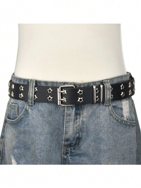 1pc Hollow Out Casual Punk Belt For Women, Fashionable Double Row Star & Eye Decoration Waistband For Women Halloween Summer, School Fall, Autumn, Halloween