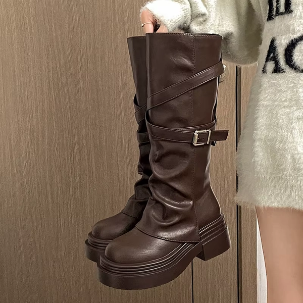 Women's Knee-High Square Heel Boots Brown Black
