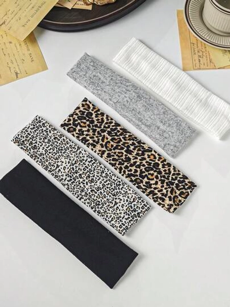 5pcs Versatile Satin Leopard Print Headbands, Women Everyday Hair Accessories Turban Headband Sweatband, Hairband Fall Winter Hair Band For Vacation Outfits Woman Elegant Scarf