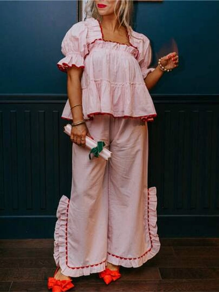 Women Christmas Puff Sleeve Plaid Pajama Set Gingham Babydoll 2 Piece Pj Set Short Sleeve Ruffle Hem Lounge Sets Y2k Red Pink Stripe/Plaid Square Neck T-Shirt With Bell Bottom Pants Party Club Fairy Vintage Sleepwear Loungewear