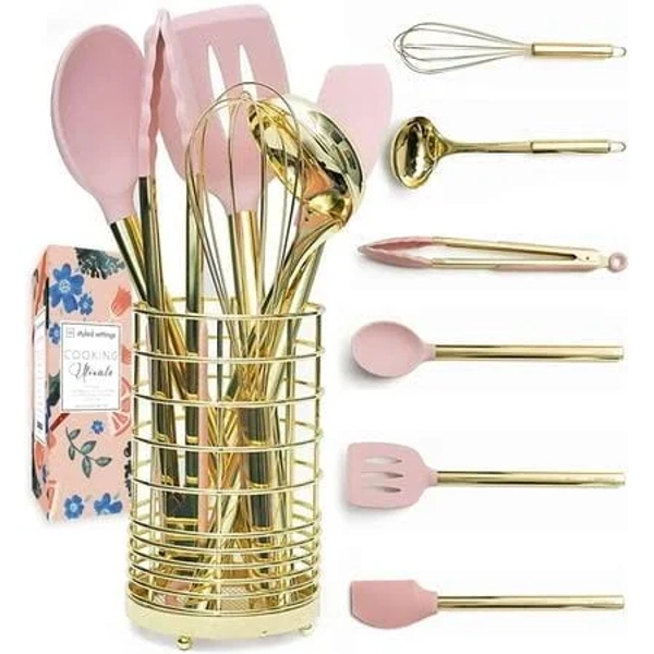 Styled Settings Gold & Pink Kitchen Utensil Set with Holder