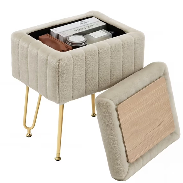 CONCETTA Vanity Storage Stool, Rectangular Ottoman Footrest with Metal Legs and Anti-Slip Feet for Makeup Room or Bedroom, Camel