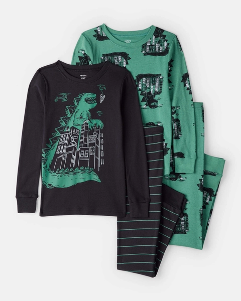Boys Godzilla 100% Cotton  Loose Fit 4-Piece Pajamas - Black/Green