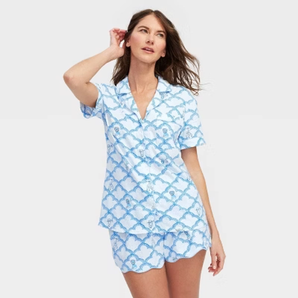 Women's Geo Trellis Short Sleeves and Shorts Pajama Set Blue - Roller Rabbit x Target L