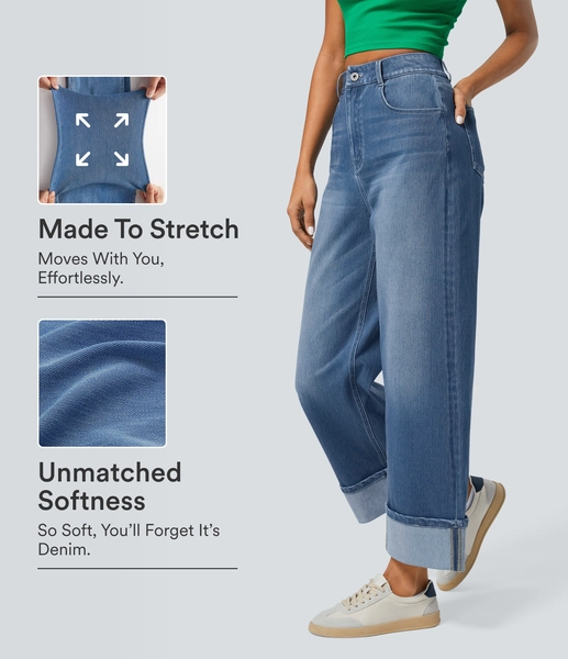 Halara Flex™ High Waisted Pockets Rolled Hem Wide Leg Washed Casual Jeans