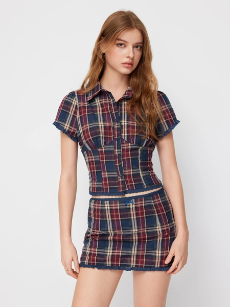 Cotton Plaid Collar Short Sleeve Blouse & Mid Rise Lace Trim Bowknot Mini Skirt Set