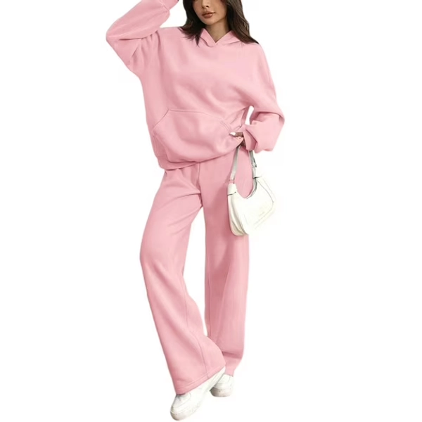 Women's 2 Piece Casual Sweatsuit Set Hoodie Wide Leg Sweatpants Lounge Track Suits Pink L