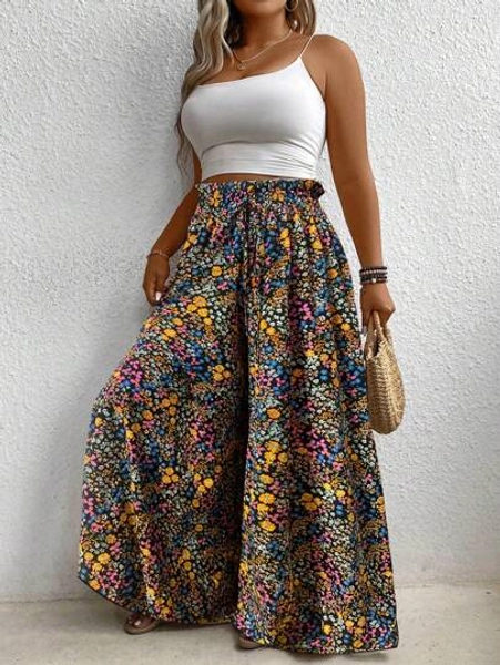 EMERY ROSE Plus Size Floral Printed Wide Leg Casual Vacation Pants Fall Cloth For Women