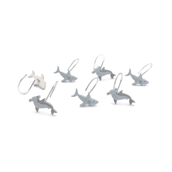 12pcs Ocean Life Series Metal Resin Shark Decorative Shower Curtain Hooks - Whimsical Shark Designs in Gray & White, Perfect for Bathroom Accessories and Home Decor, Bathroom Hooks|Whimsical Design|Durable Hooks, Bathroom Decor