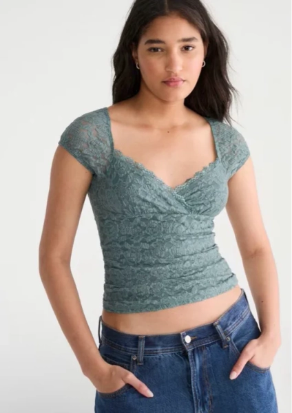 Déjà For Aero Short Sleeve Floral Lace V-Neck Top
