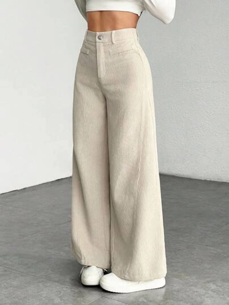 SHEIN PETITE Pantalon décontracté ample à boutons devant de couleur unie pour femmes, convient pour le port quotidien