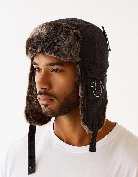 True Religion Corduroy Faux Fur Trapper Hat Chin Straps &amp; Horseshoe #TNMC0075CT