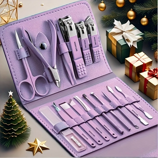 1 Set Of 16 Premium Stainless Steel Modern Style Of Nail Clippers Suit, Straight Blade Nail File, Ear Picks, Scissors, Beauty Care Professional Travel Kit