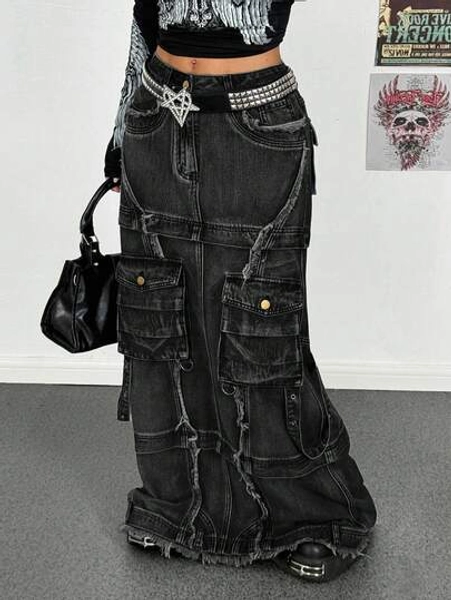 StreetHx Women's Fashionable Vintage Extra Long Denim Cargo Skirt