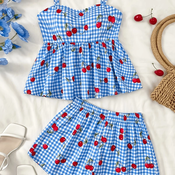 [Beach Vacation Party] Girl's Summer Outfit 2pcs Set, Tie-Dye Plaid Print Backless Vest with Bow Waist Loose Camisole and Shorts Set, Suitable for Beach, Vacation, Party, Summer Season, Perfect for Outdoor
