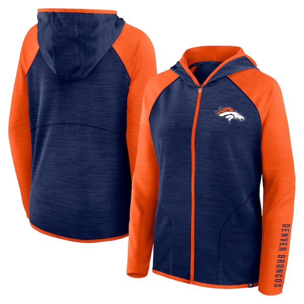 Women's Denver Broncos Fanatics Navy/Orange Redzone End Around Pass Raglan Full-Zip Hoodie