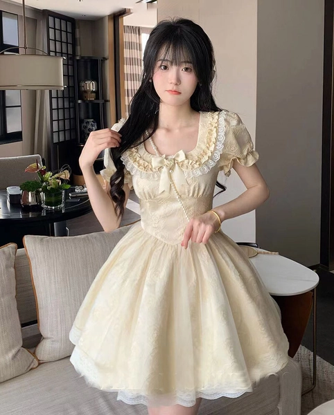 Japanese Lolita Girls Lace A-Line Dress Princess Party Short Sleeve School Dress