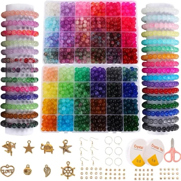 xjrluk Glass Beads for Jewelry Making 1280pcs + 8mm 48 Colors Round Crystal Glass Beads Bracelet Making Kit