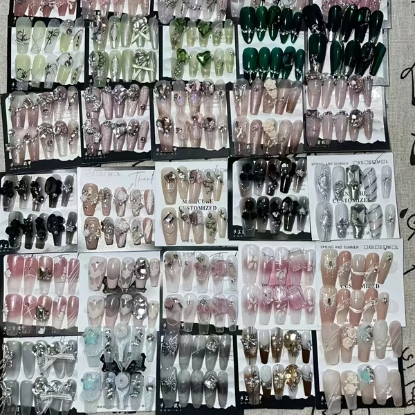 288pcs Luxury Nail Art Set with Rhinestone, & Bow Decorations - Nude, Pink & Green Glossy Press-On Nails, Almond Shape Medium Length, Reusable Salon-Quality Manicure Kit with Jelly Glue & File for Easy At-Home Application