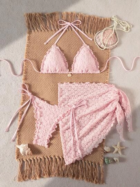 Swim Mod Pink 3pcs Bikini Set,Solid Color Floral Textured Pearl Shell Decor Frill Trim Halter Bra,Side Tie Bottoms&Mini Skirt Summer Tropical Beach Holiday - Size L