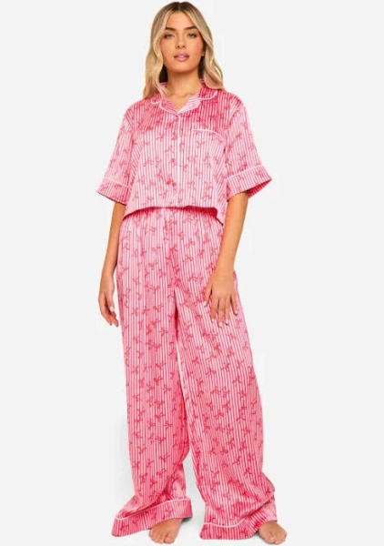 Boohoo Women's Bow Print Stripe Piping Detail Satin Pyjama Set