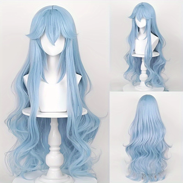 Long Wavy Synthetic Blue Women Wig With Bangs Fluffy Anime Game Cosplay Heat Resistant Wig For Daily Party
