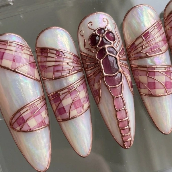 3D Dragonfly Press On Nails, Iridescent Rose Gold Wing Art, Cottagecore Fairycore Almond Nails