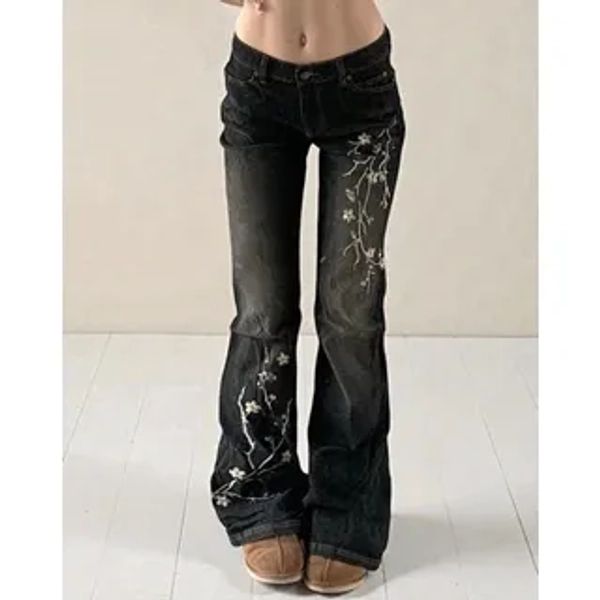 Low Waist Floral Embroidered Washed Slim-Fit Boot-Cut Jeans