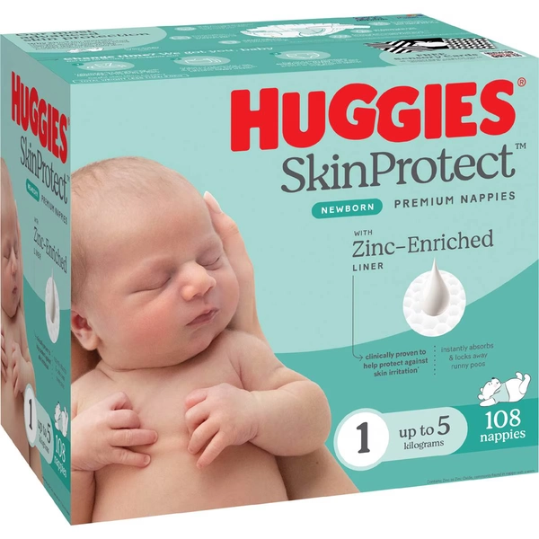 Huggies Skin Protect Newborn Nappies Size 1 (Up to 5kg) 108 pack