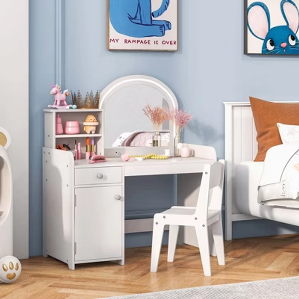 Costway Kid Vanity Table Chair Set 2-Color LED Lights Large Drawer Shelf Cabinet White