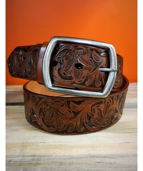 ” The Perfect Belt ” Floral Tooled & 100 % Leather Belt ( Honey ) – Ale Accessories