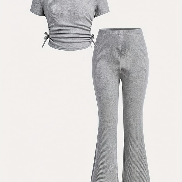 Girls' Solid Color Pleated Round Neck T-Shirt And Flared Pants Set, Versatile Set for Outdoor