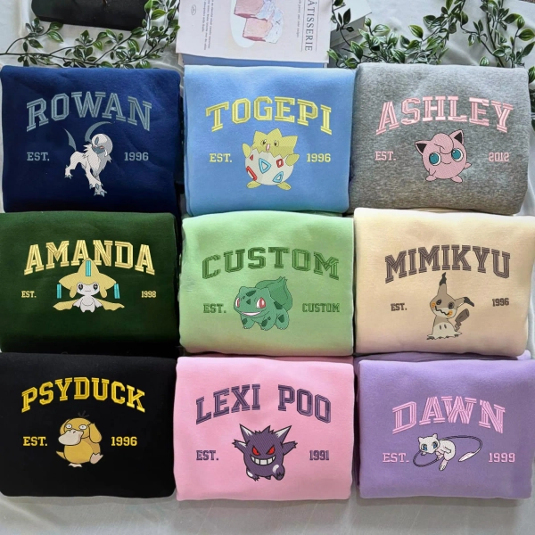 Custom PKM Anime Embroidery Sweatshirt, Custom Name and Year Pocket Beast Shirt, Organic Cotton Anime Lover Gift