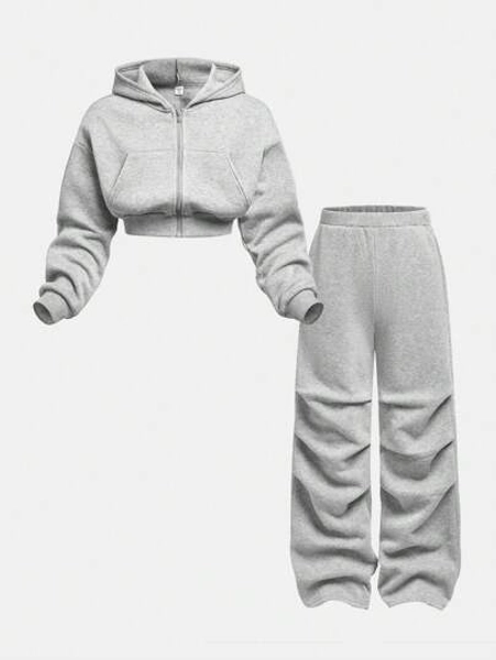 SHEIN Girlism Tween Girl Knit Hooded Zip Up Sweatshirt And Sweatpants Set, Casual Loungewear