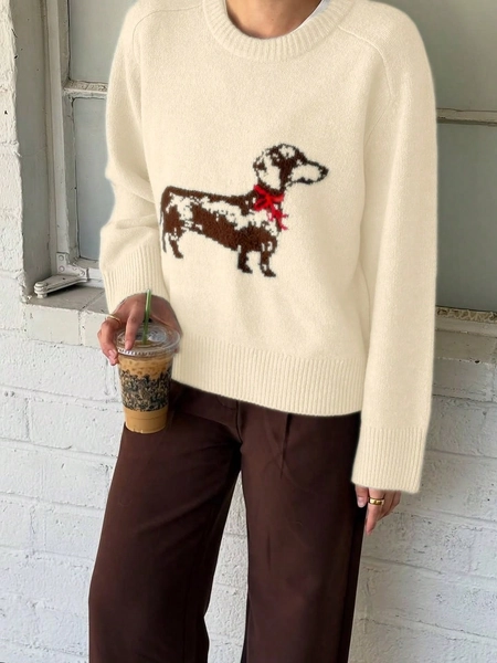 New Autumn/Winter Women's Simple Cute Round Neck Long Sleeve Soft Knit Pullover Sweater, Light Blue Round Neck Dachshund Pattern Knit Sweater, Blue Knit Sweater Decorated With Adorable Dachshund Design, Contrast Retro Cartoon Pattern