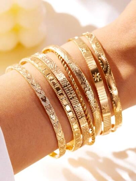7pcs Set Exaggerated Personalized Hammered Hexagram Twist Open Bangle Bracelet Set, Suitable For Daily Wear, Gift